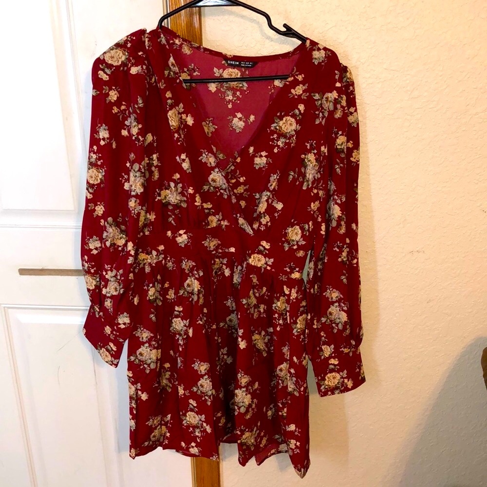 Long Sleeve Red Flower Dress - Picture 2 of 12
